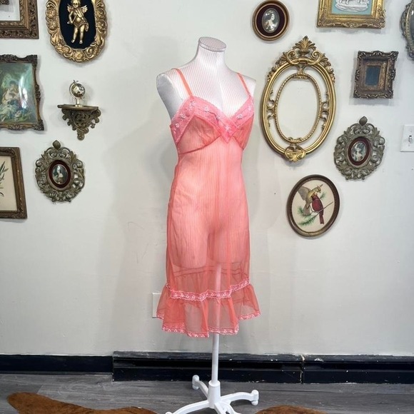 Vintage Y2K St Michael Sheer Coral Pink Lace Slip Dress - Picture 2 of 7